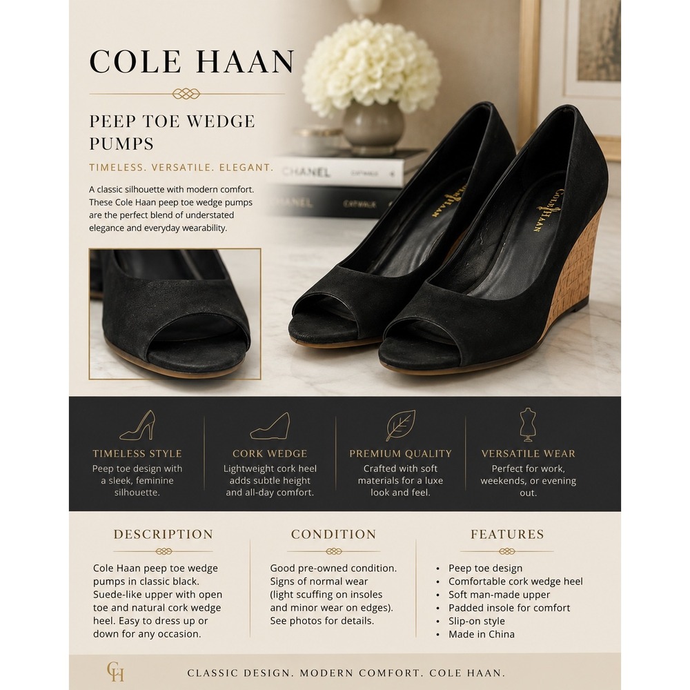 Cole Haan Women's Black Suede Peep Toe Cork Wedge Pumps Classic Dress Shoes